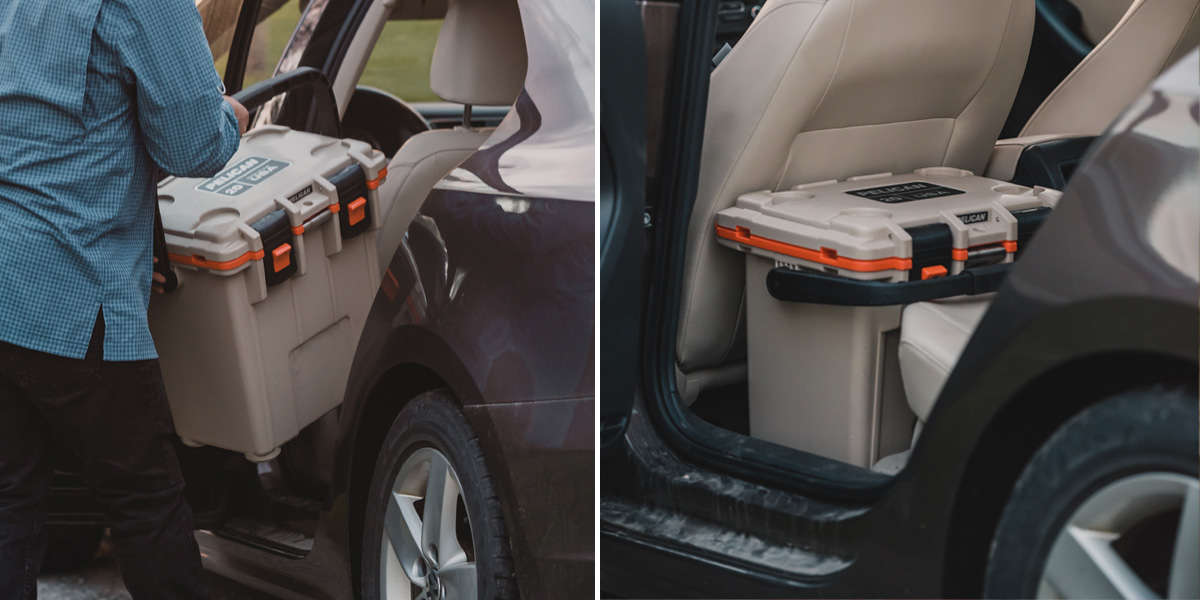 On the left, a person packs a Pelican Elite Cooler inside their car. On the right, the cooler is secure on the floor of the car behind the driver's seat.