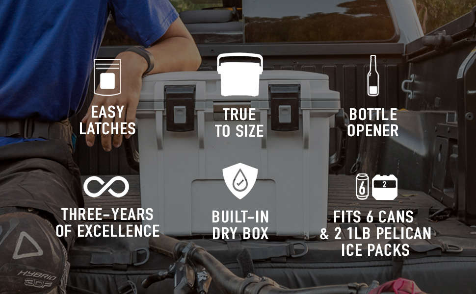 A person leaning on the 14QT Personal Cooler & Dry Box while seated in the bed of a truck.