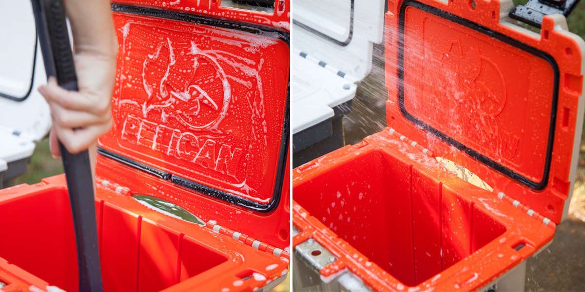 On the left, a person cleans a Pelican Elite Cooler with dish soap and a scrub brush. On the right, the person uses a hose to rinse the dish soap off the cooler.