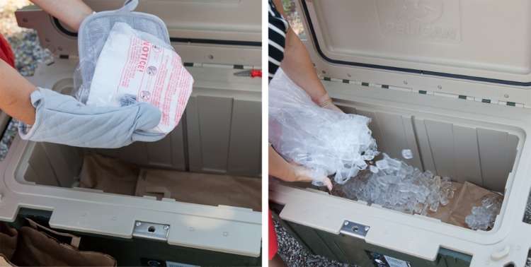 On the left a person adds dry ice to a cooler lined with paper bags. On the right the person adds regular ice on top of the dry ice, which is covered by additional paper bags.