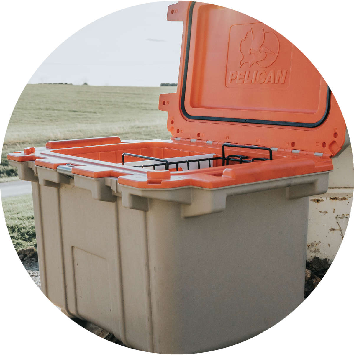 A tan/orange 50QT Elite Cooler with a 50/70 Quart Camp Cutting Board + Cooler Divider and a 50/70 Quart Small Dry Rack Basket inside it.