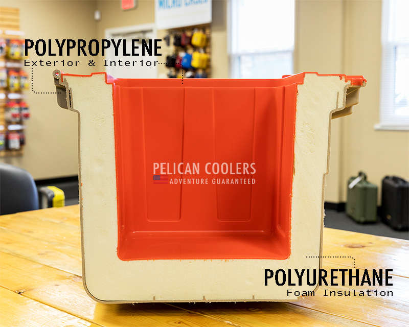 What Pelican Elite Coolers are made of. Polyurethane foam insulation and polypropylene exterior & interior.