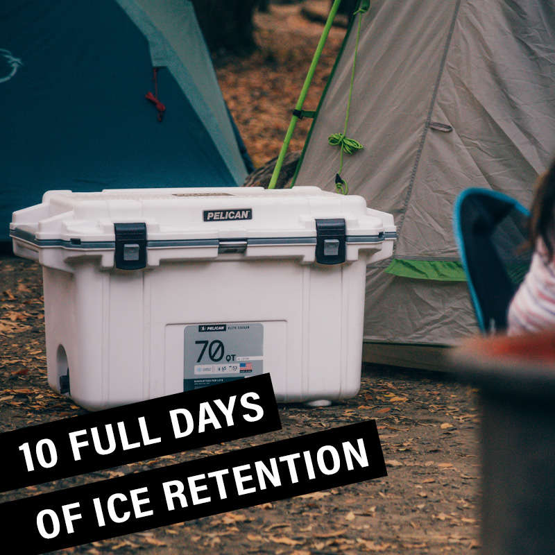 The 70QT Pelican Elite Cooler holds ice for 10 full days.