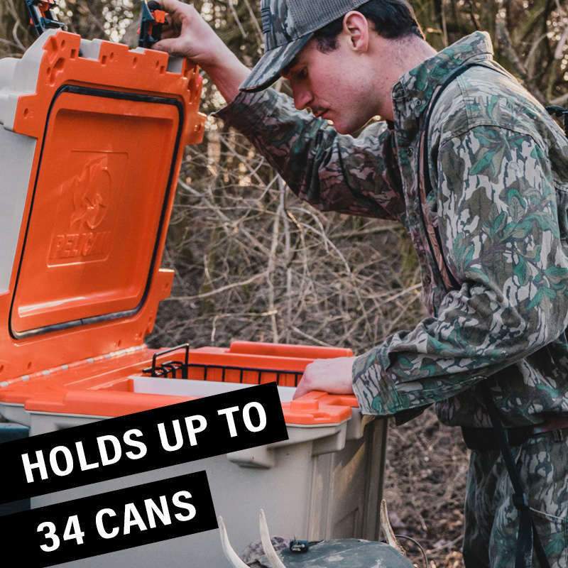 The 50QT Pelican Elite Cooler holds 34 cans with ice.