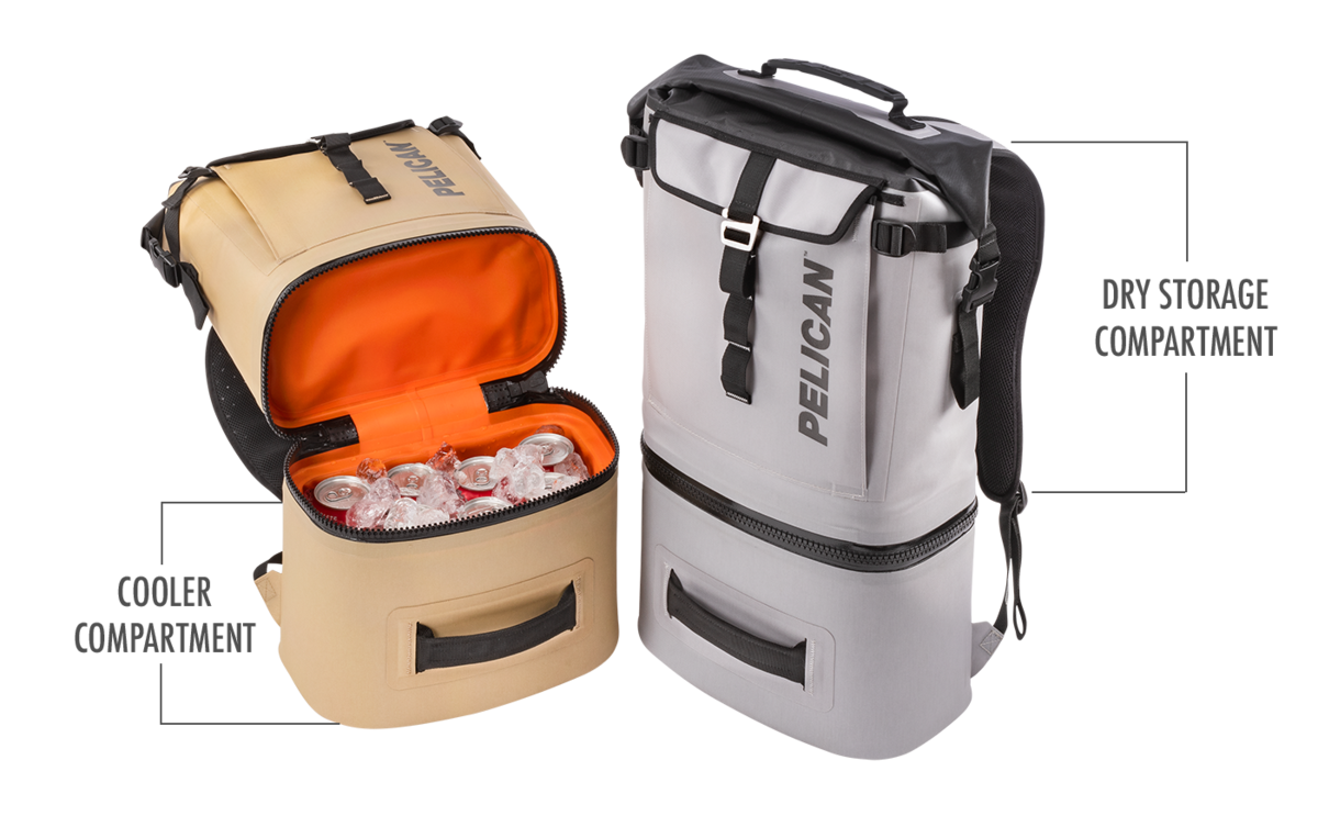 The bottom is a dedicated cooler compartment which features a leak resistant zipper, keeps your ice all day long (performs best when used with a Pelican Ice Pack) and perfectly fits a 6 pack of cans. With a wide roll-top opening, and light insulation, the top section can be used as an additional cooler compartment, or for separated dry storage.