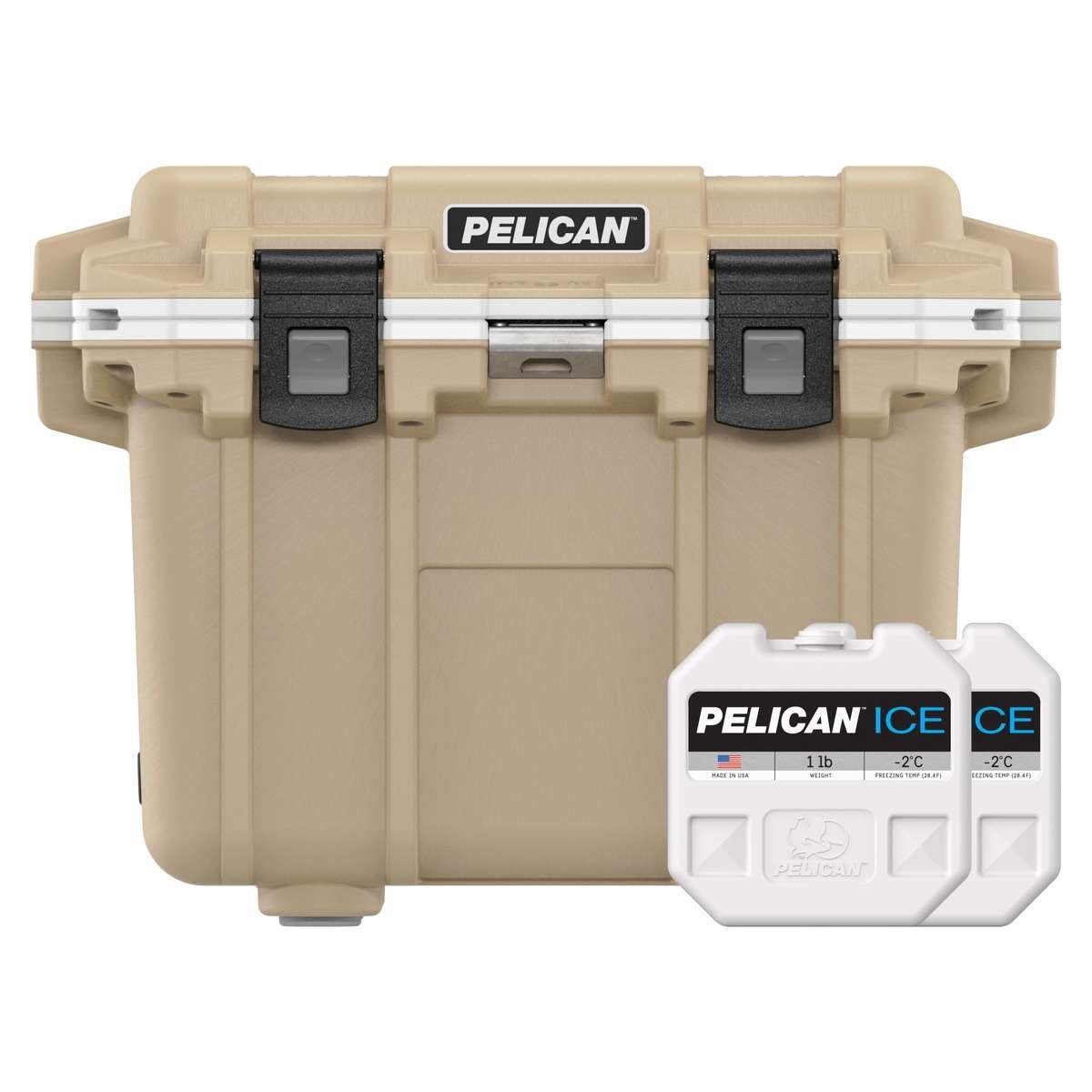30QT Tan/White Elite Cooler with two free 1lb Pelican Ice Packs