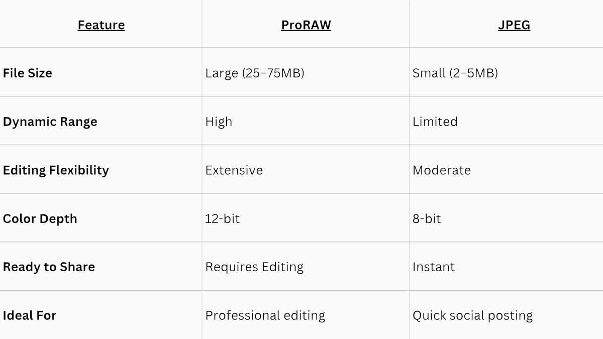 A table showing the difference between shooting with ProRaw and JPEG on the iPhone camera.