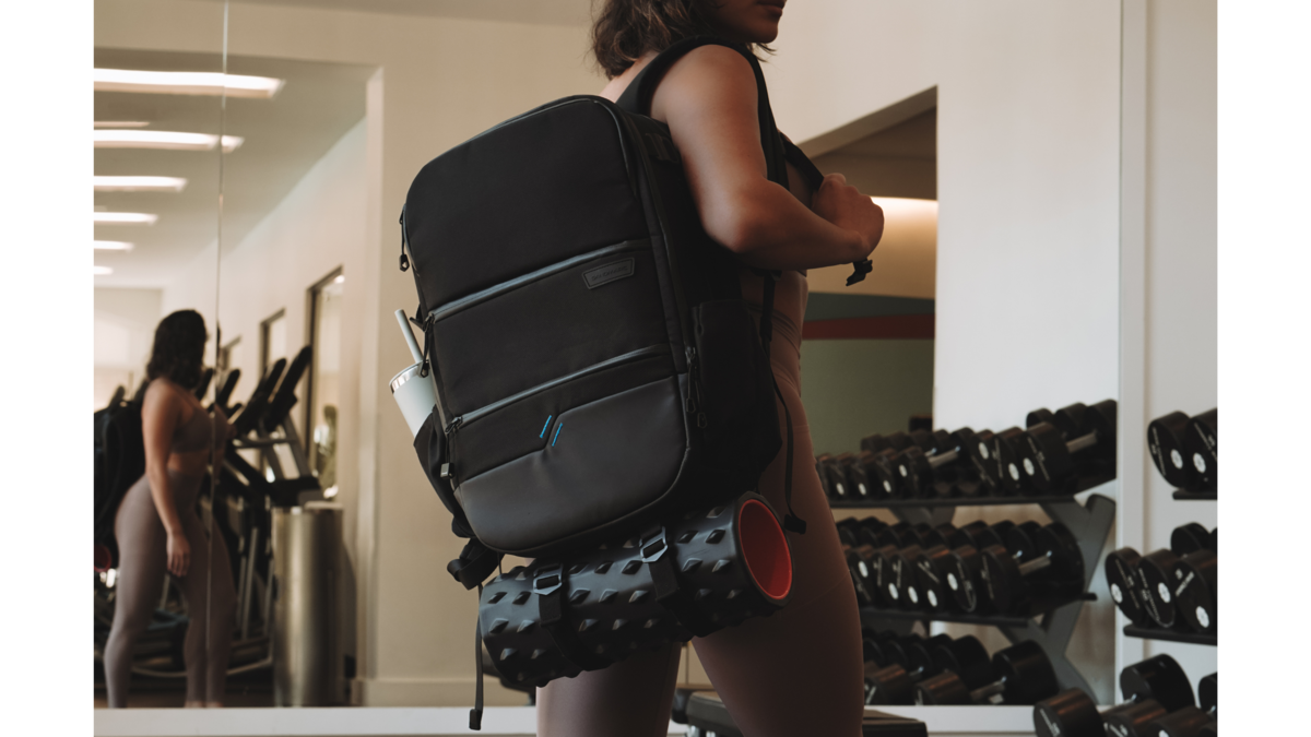black travel backpack at gym