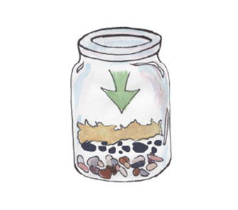 adding charcoal and moss layers to a terrarium jar