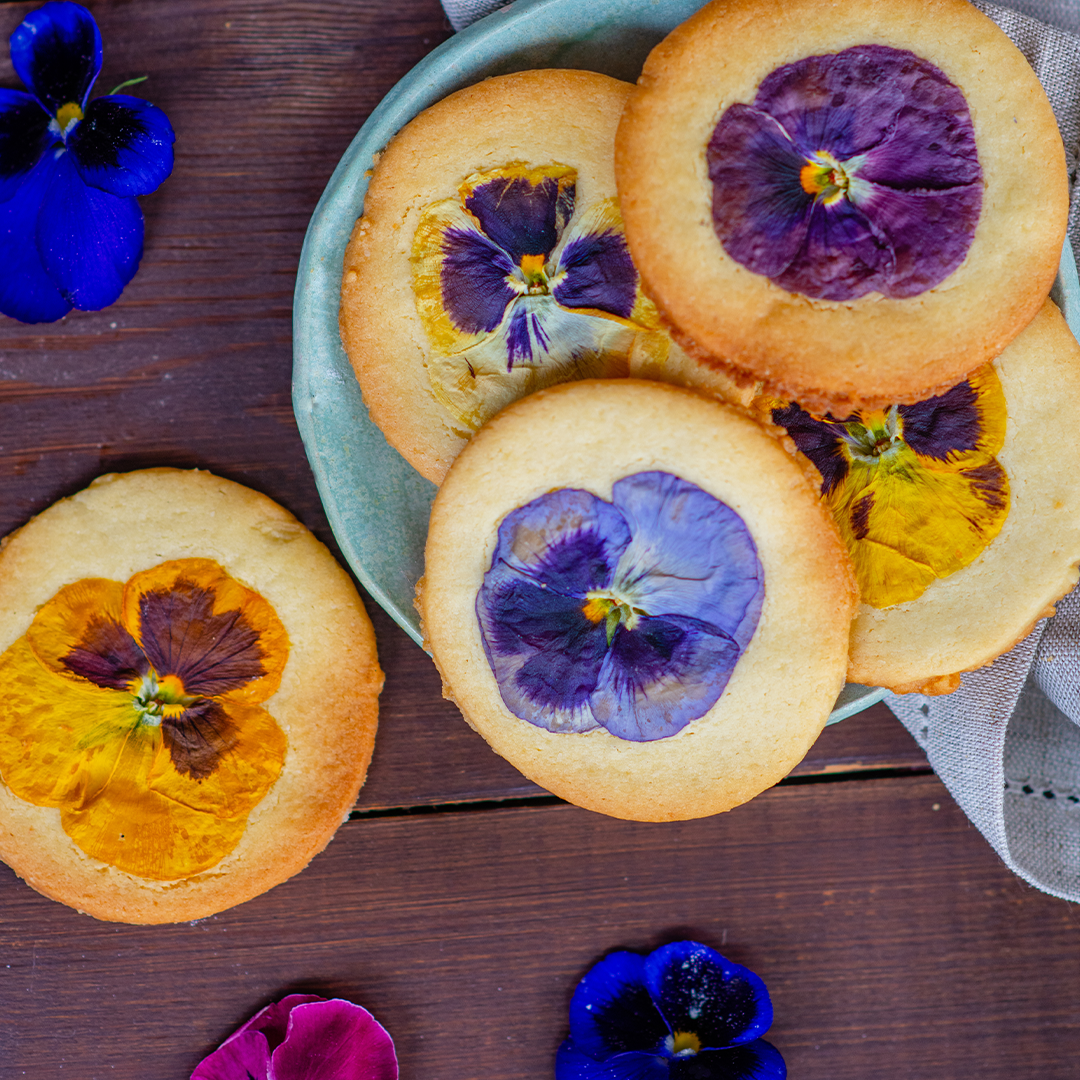 Shortbread cookies decorated with Pansy blooms