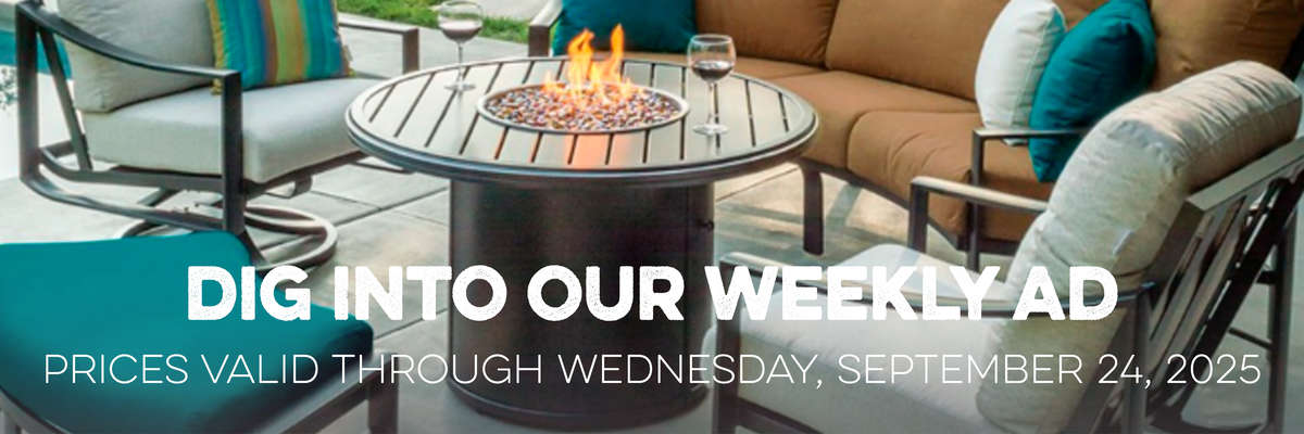Banner with Red Crape Myrtle . Text reads "Dig Into Our Weekly Ad, with valid prices through Wednesday, July 9, 2025