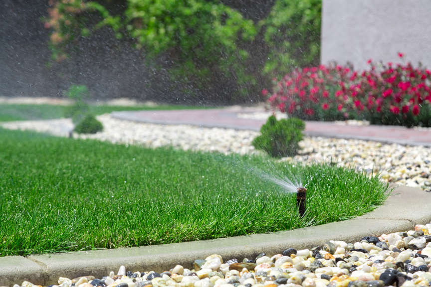 Sprinkler in yard lawn rocks