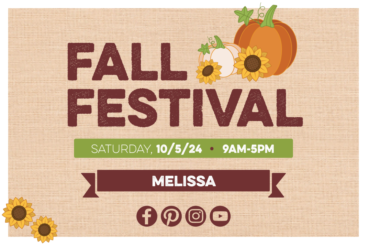 Fall Festival in Irving on September 28, 2024, from 9 AM to 5 PM, and in Melissa on October 5, 2024, from 9 AM to 5 PM.