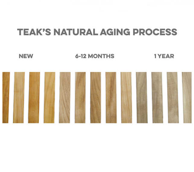 Diagram showing teak natural aging process. New,  six to twelve months, and 1 year