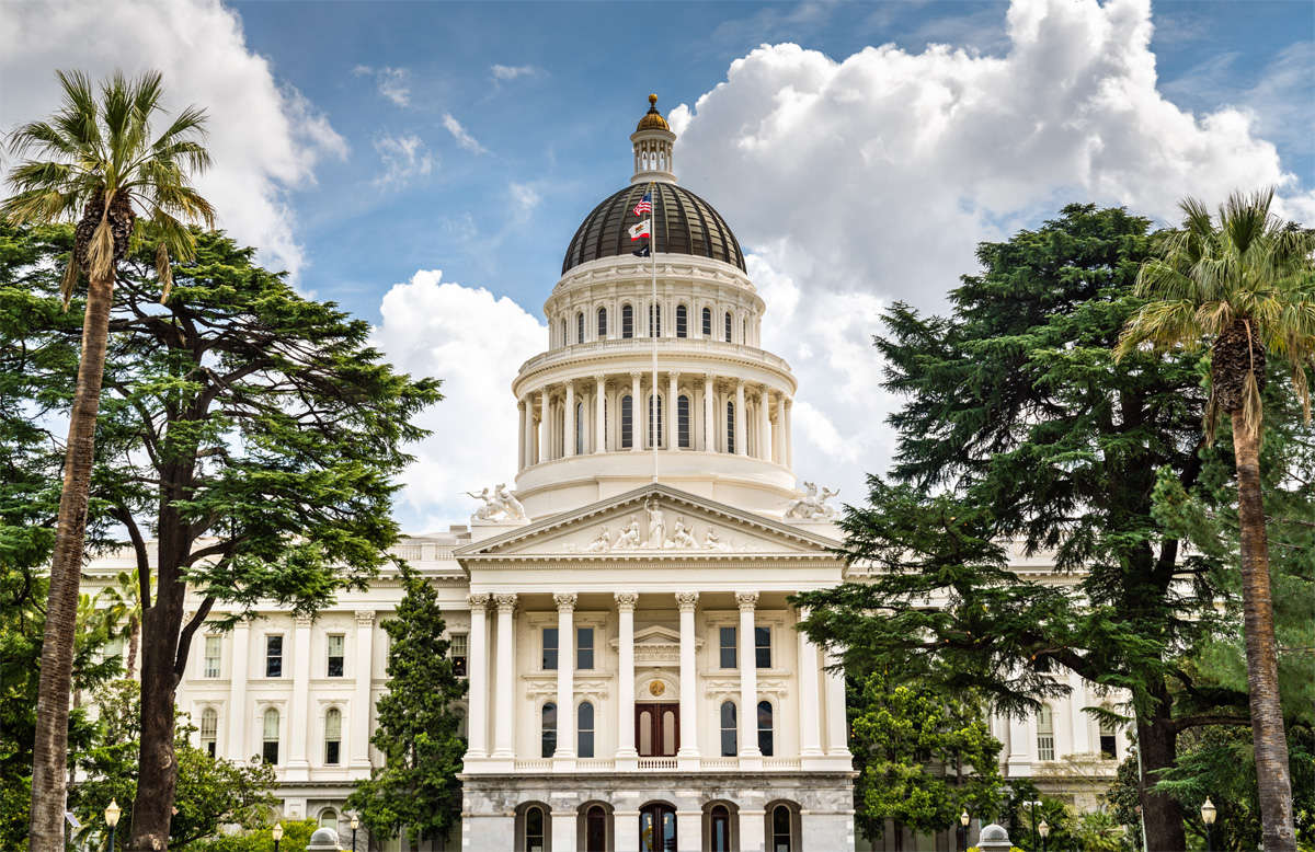 Sacramentos State Capital  building surrounded by trees.