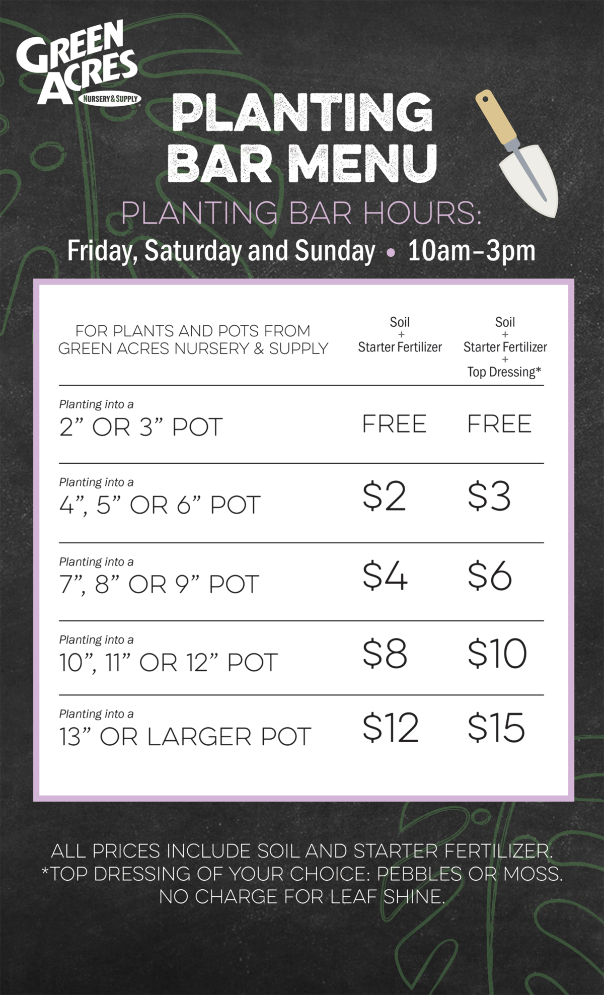 Planting Bar Menu and Hours: Friday, Saturday and Sunday from 10 AM -  3 PM