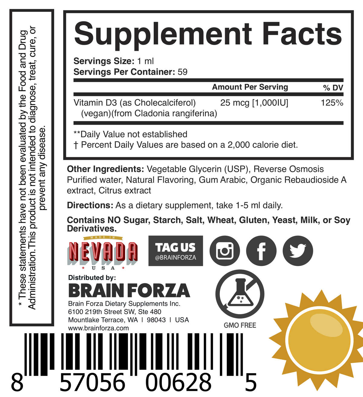 Brain Forza Natural Vegan Vitamin D3 Liquid 1000ui daily tincture