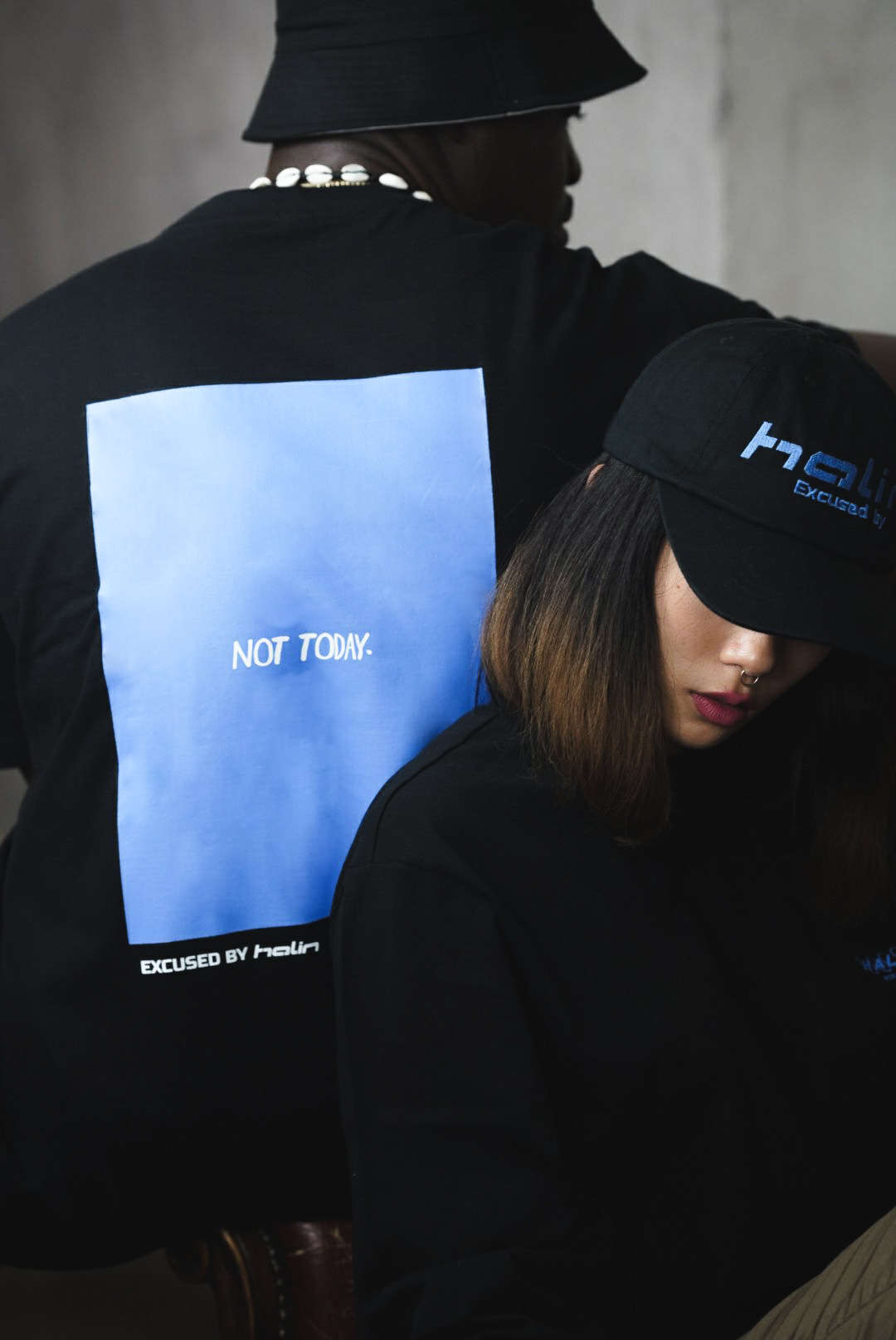 Female and male model wearing Halin Worldwide streetwear look from the Not Today collection part 3 Female and male model wearing Halin Worldwide streetwear look from the Not Today collection part 3