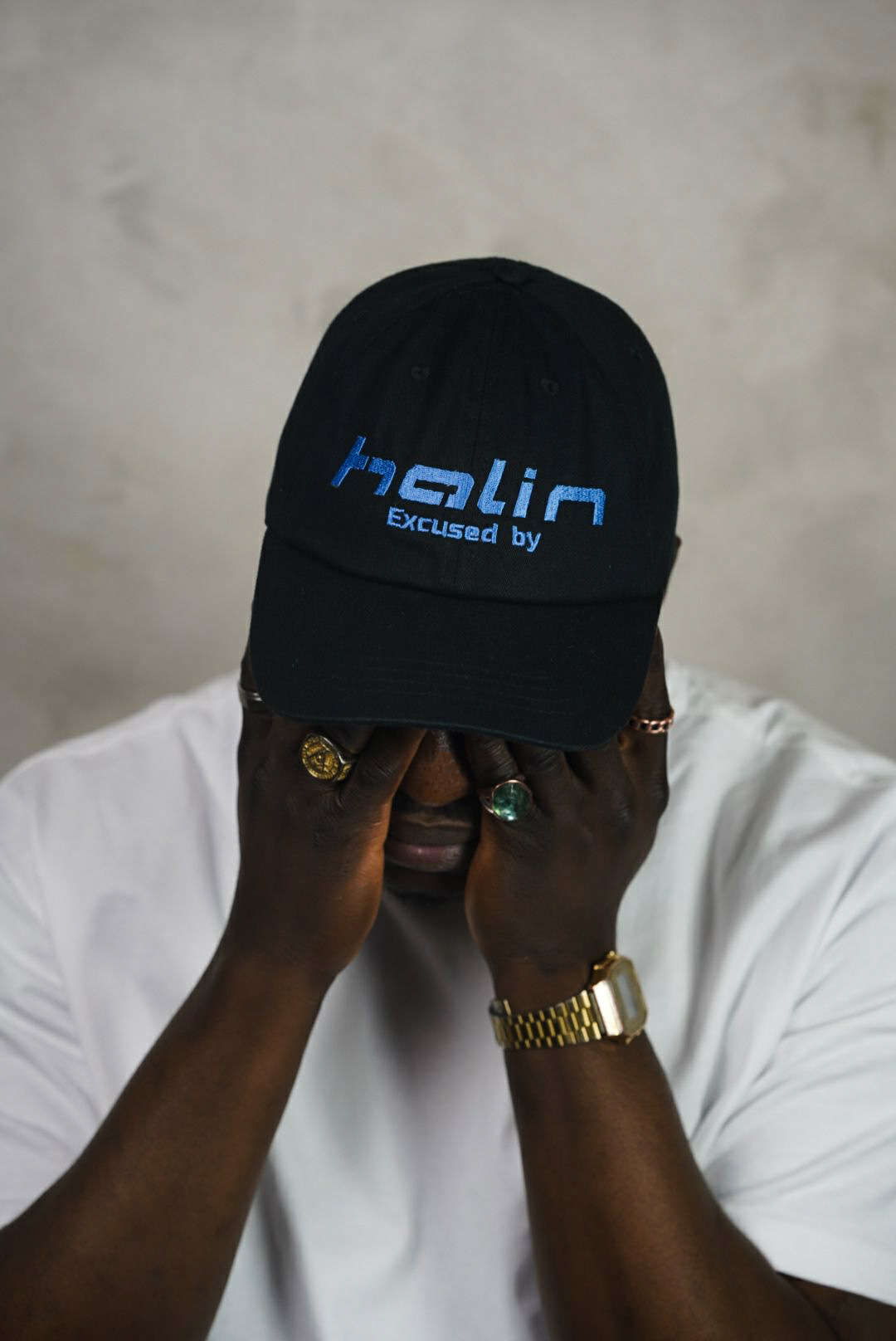 Male model wearing Excused by Halin 6 Panel Cap. Male model wearing Excused by Halin 6 Panel Cap.