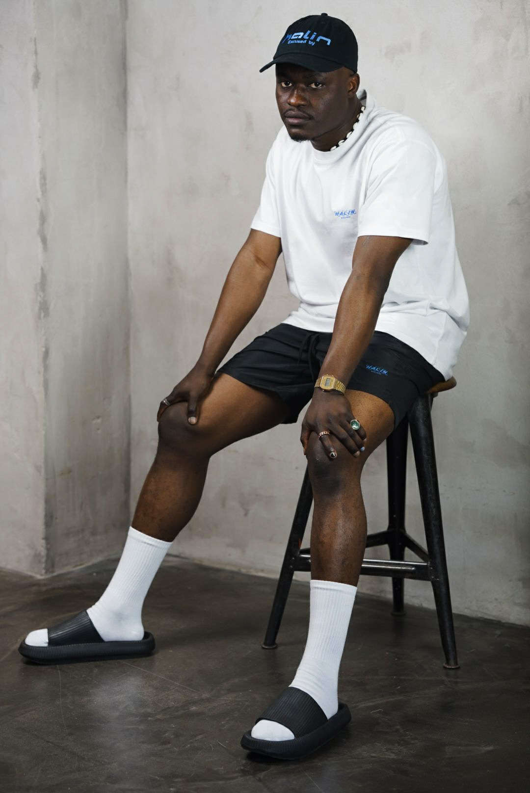 Male streetwear model wearing Halin Swim Shorts Male streetwear model wearing Halin Swim Shorts