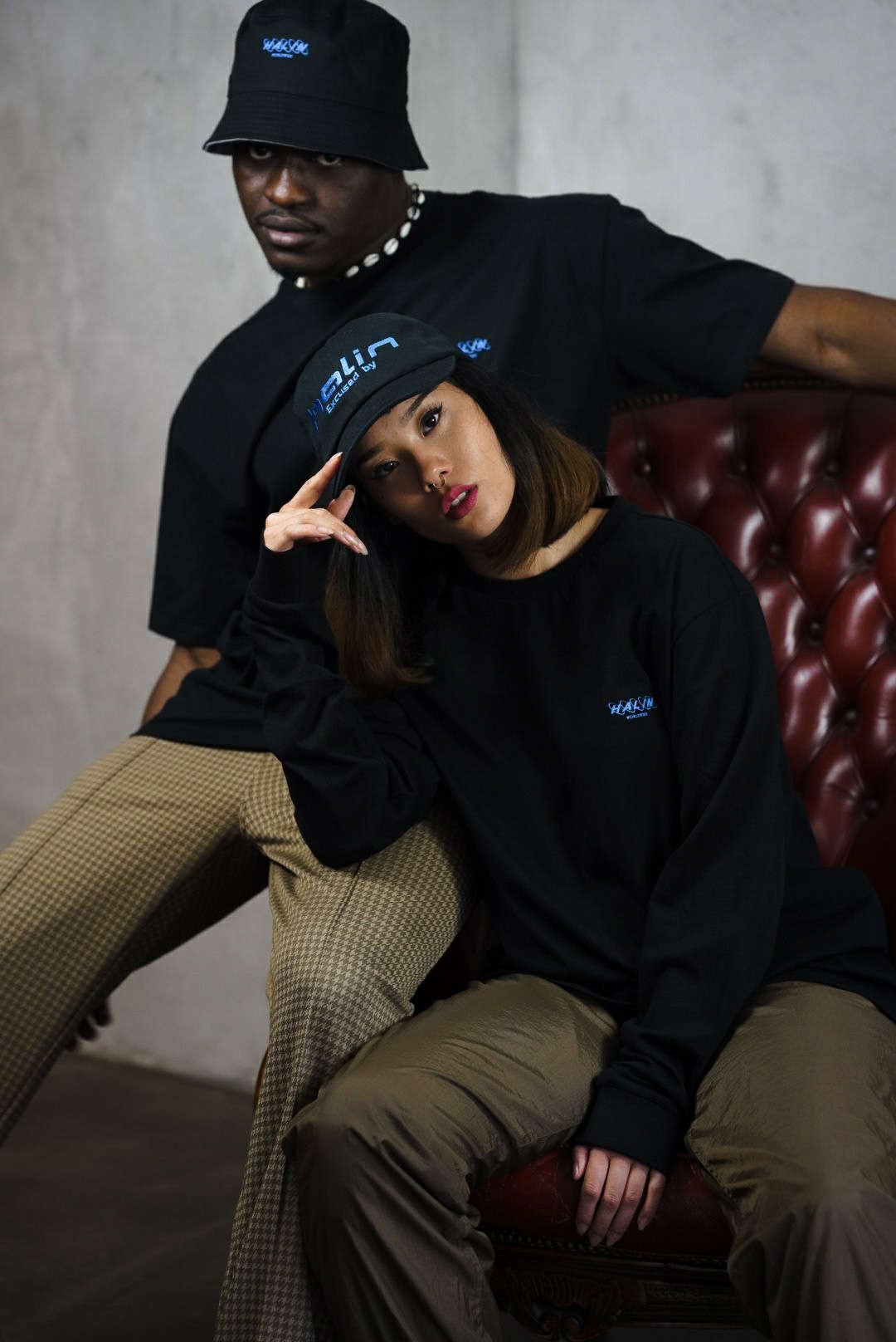 Female and male model wearing Halin Worldwide streetwear look from the Not Today collection. Female and male model wearing Halin Worldwide streetwear look from the Not Today collection.