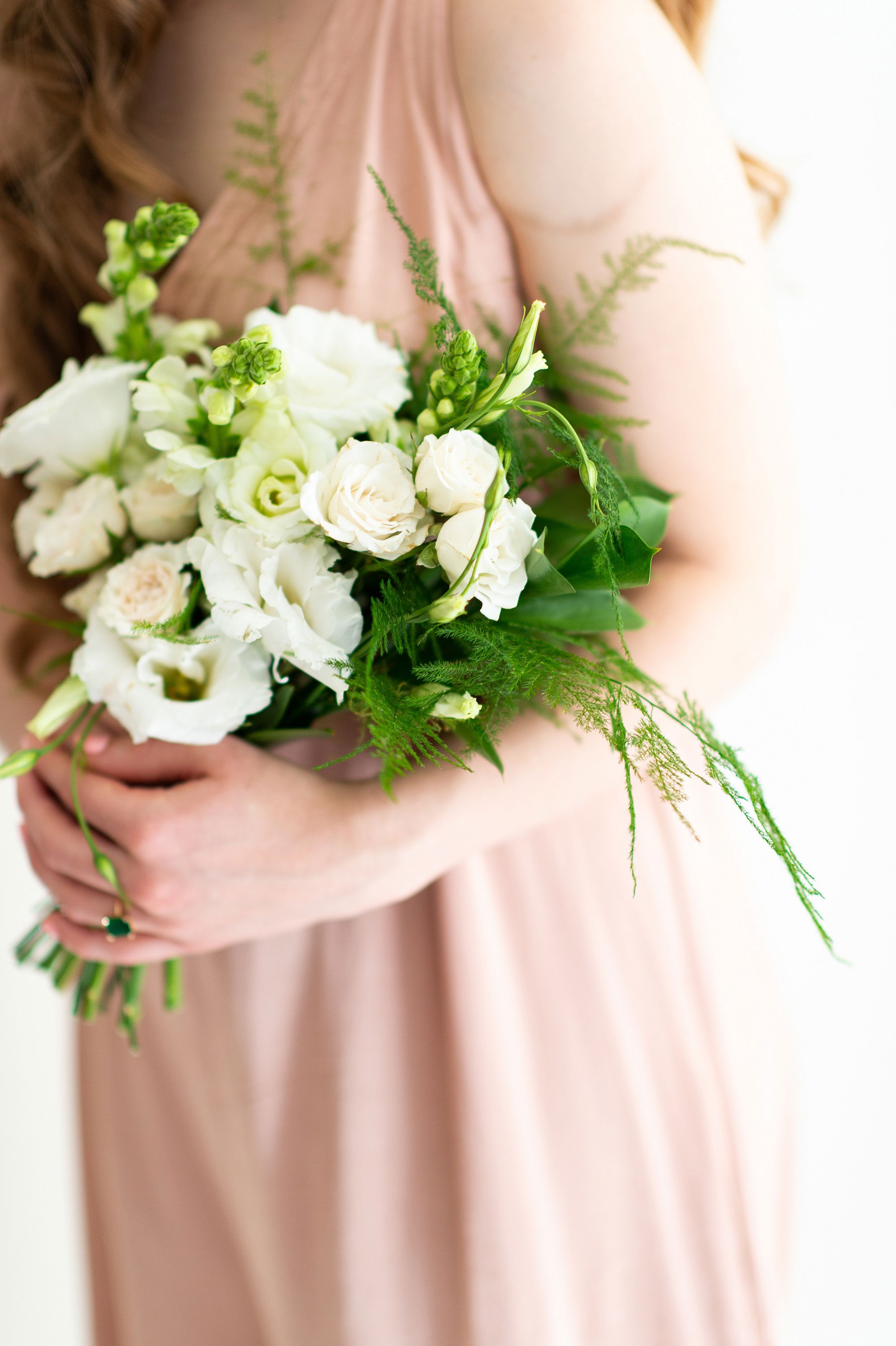 Flower Moxie, DIY Bridesmaid Bouquet, Plumosa Bouquet, fern wedding, cream and green wedding Flower Moxie, DIY Bridesmaid Bouquet, Plumosa Bouquet, fern wedding, cream and green wedding