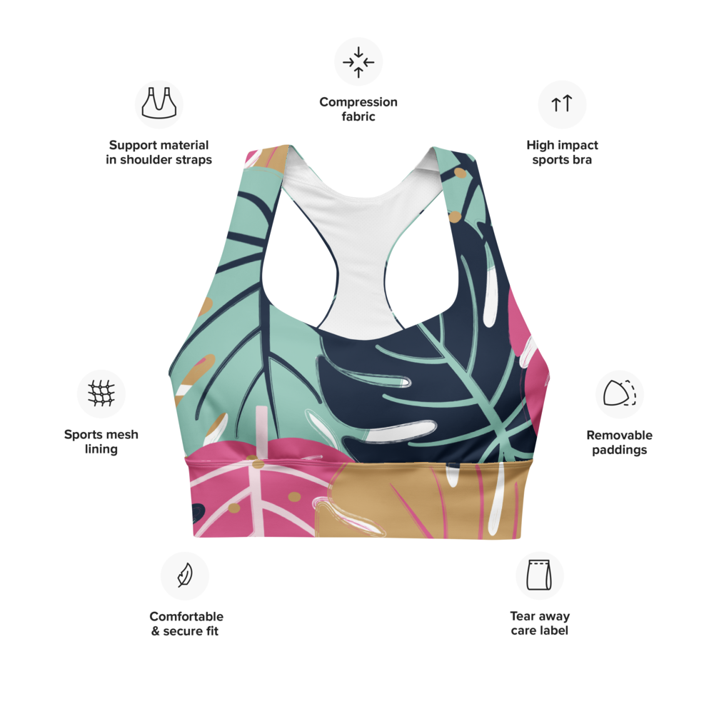 Longline sports bra in a colorful print pattern with sports mesh lining, and compression fabric for high impact activities.