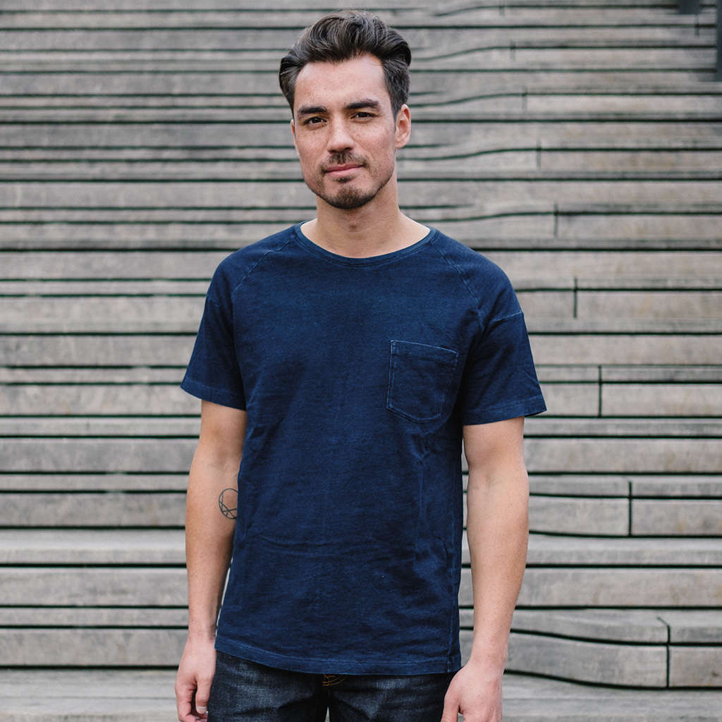 Robin Meijerink founder of Robin Denim wearing Indigo tee from Kingpins Shop