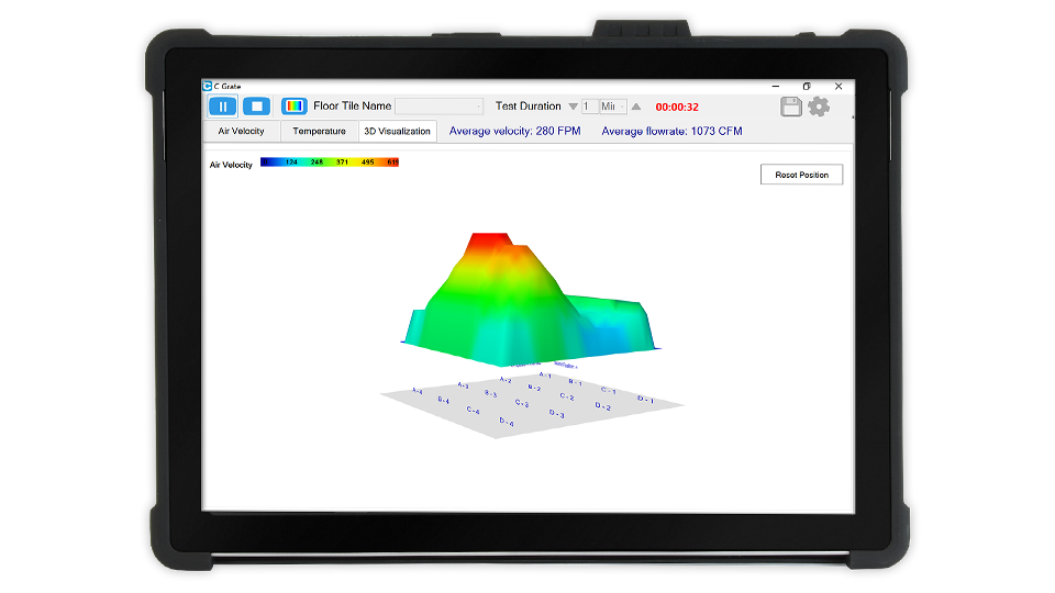 Software for logging data with views of air velocity, air temperature, & 3D visualization.
