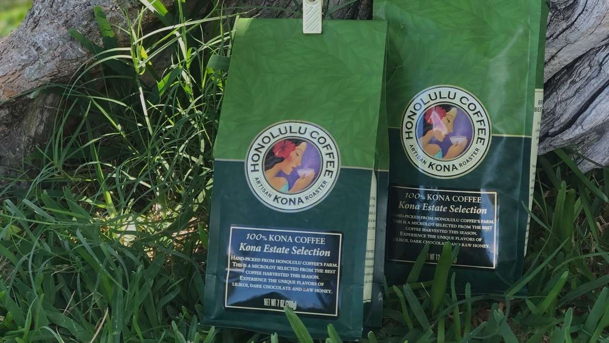 2 12oz bags of our Pure Kona coffee sitting next to each other