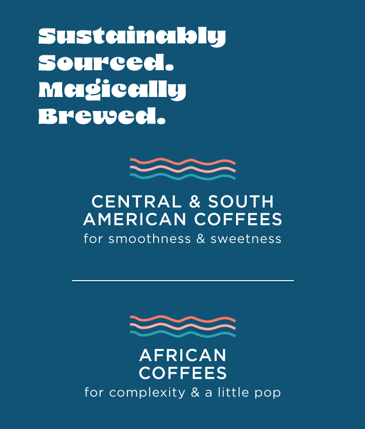 SUSTAINABLY SOURCED. MAGICALLY BREWED. CENTRAL & SOUTH AMERICAN COFFEES: FOR SMOOTHNESS & SWEETNESS. AFRICAN COFFEES: for complexity & a little pop