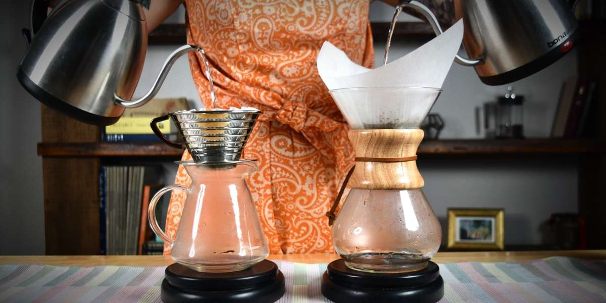 Brewing coffee on a Chemex coffee maker. and Kalita Wave 185