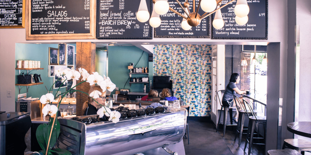 The inside of the Kaldi's Coffee St. Louis coffee shop on DeMun Ave