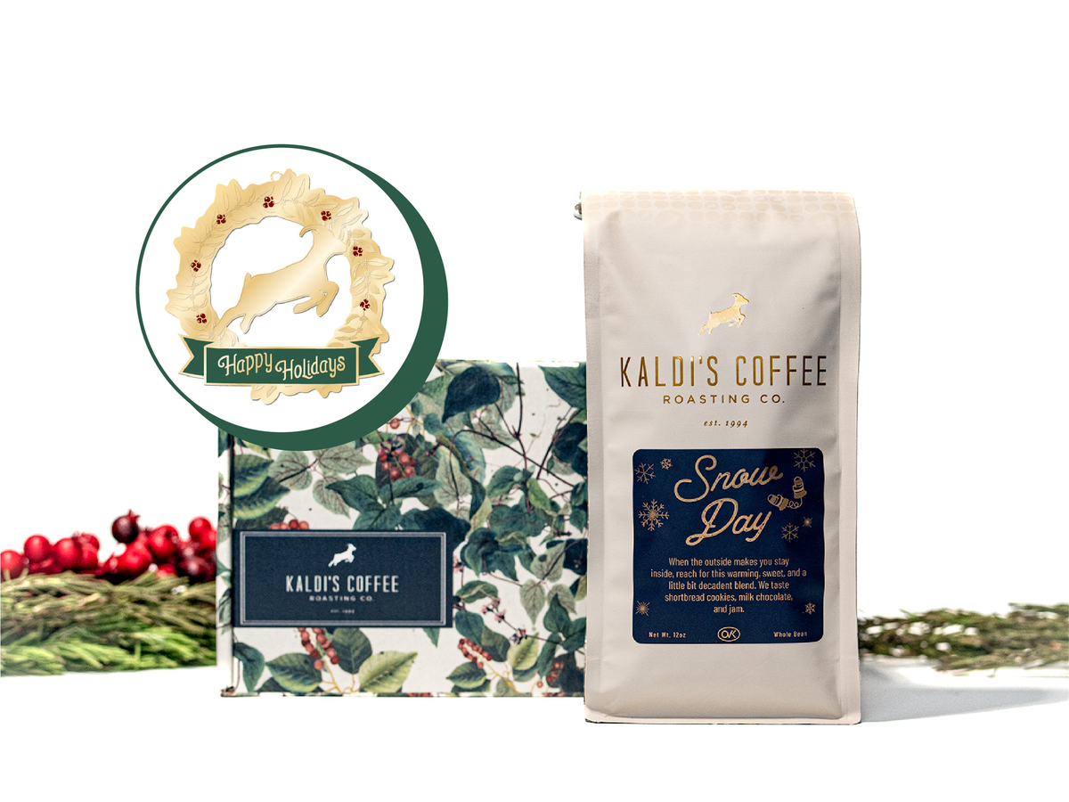 Kaldi's Coffee gift box featuring 12oz bag of Snow Day Blend and wreath ornament