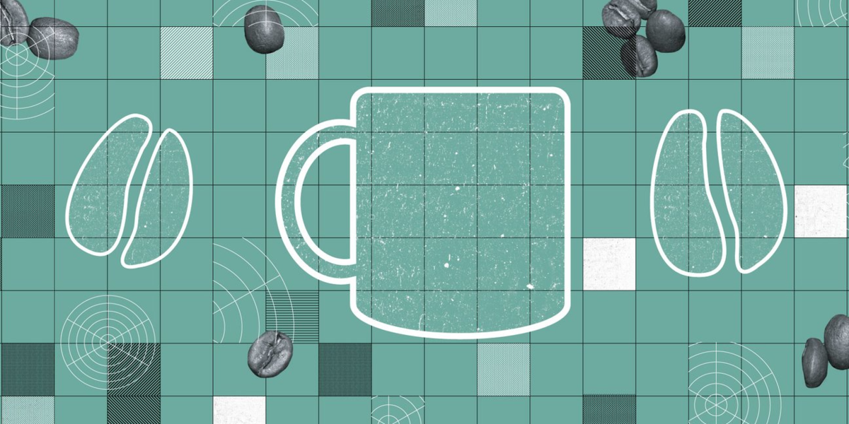 A pattern with a coffee mug and two coffee beans