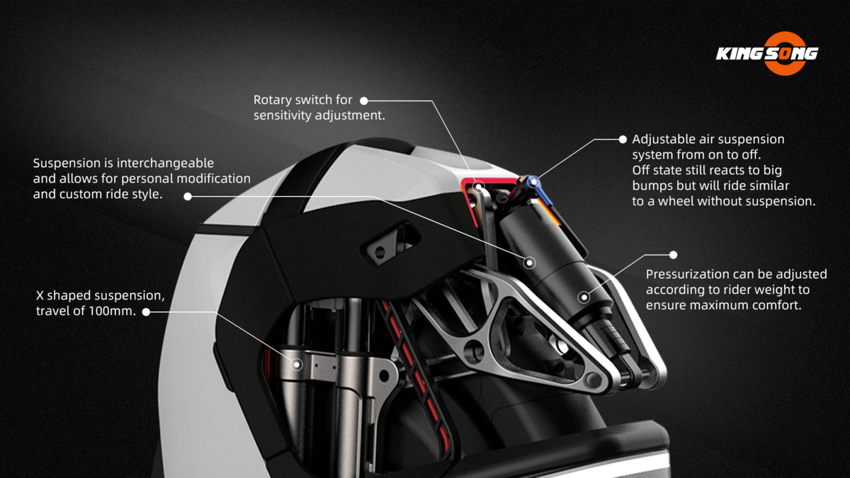 King Song S18 KS EUC Electric Unicycle Suspension details shocks travelrider weight