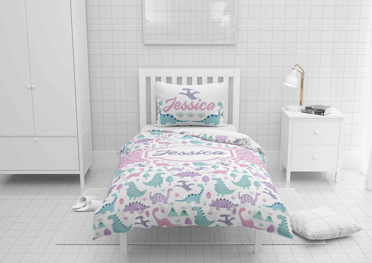 Pink Dinosaur 2 Girls Bedding Set Comforter Duvet Twin Full