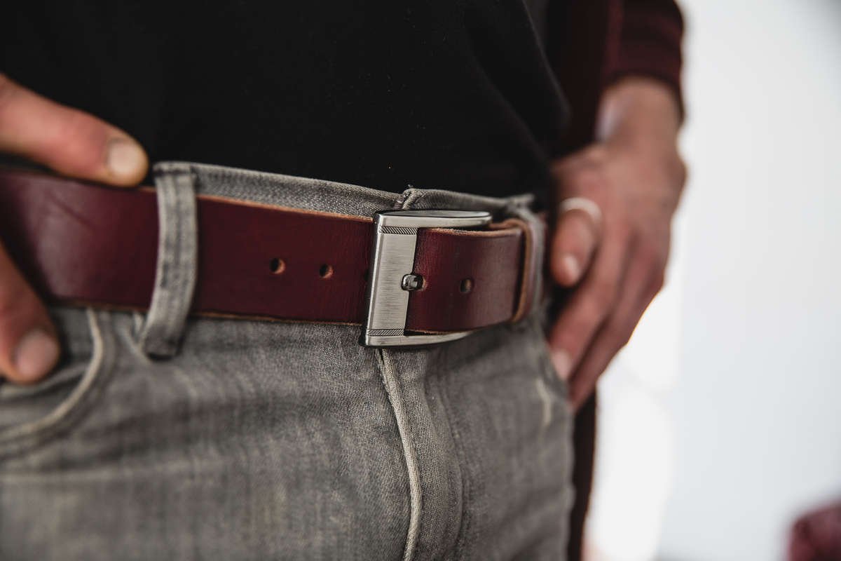 Men's Designer Burgindy Leather Casual Belt-Gunmetal