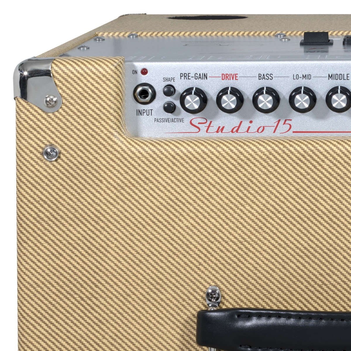 Ashdown Studio 15 Tweed Amp Controls. Pre-Gain, Drive, Bass, Lo-Mid and Middle