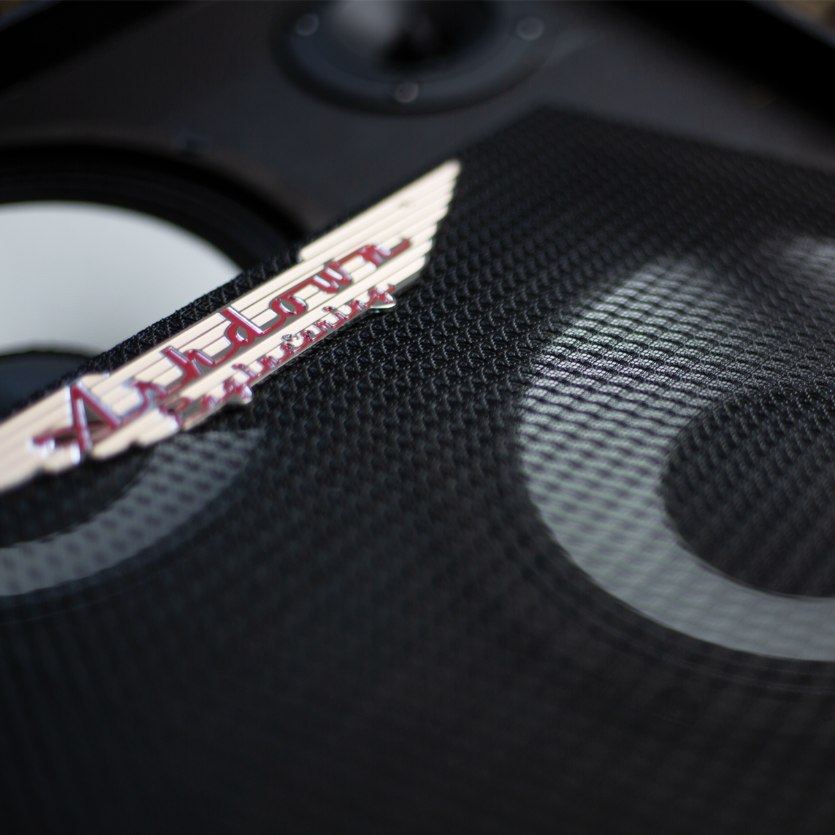 Close up of the double wing logo on the ashdown rm 210t evo ii super lightweight bass cabinet