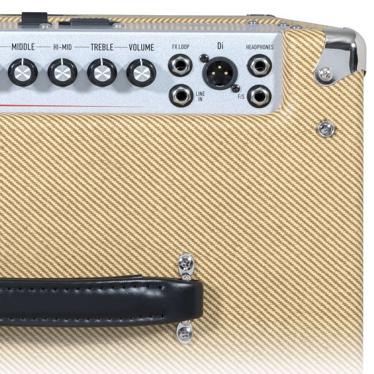 Ashdown Studio 12 Tweed Amp Top Controls. Middle, Hi-Mid, Treble, Volume, DI and Line In