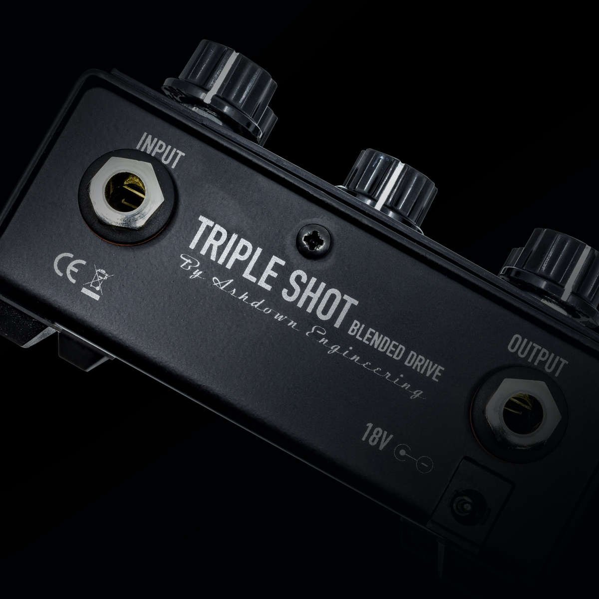 Close up of the top input and output on the Ashdown triple shot drive pedal