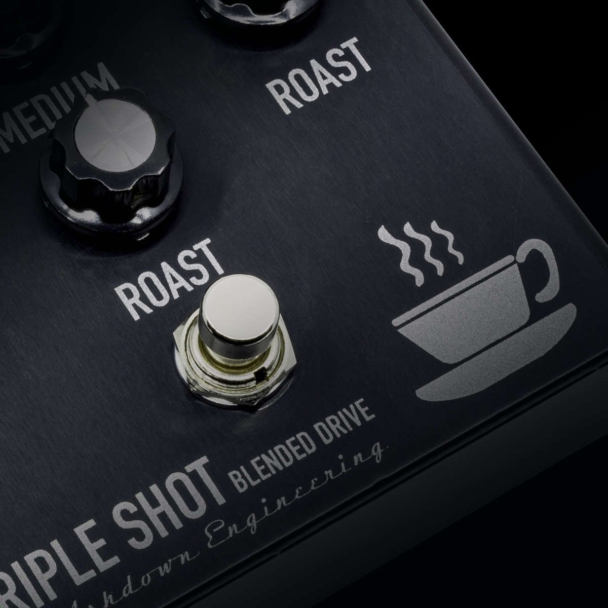 Close up of the roast controls on the Ashdown triple shot drive pedal