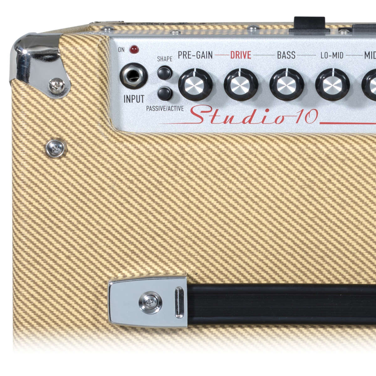 Ashdown Studio 10 Tweed Amp Top controls. Input, Pre-Gain, Drive, Bass and Low-mid