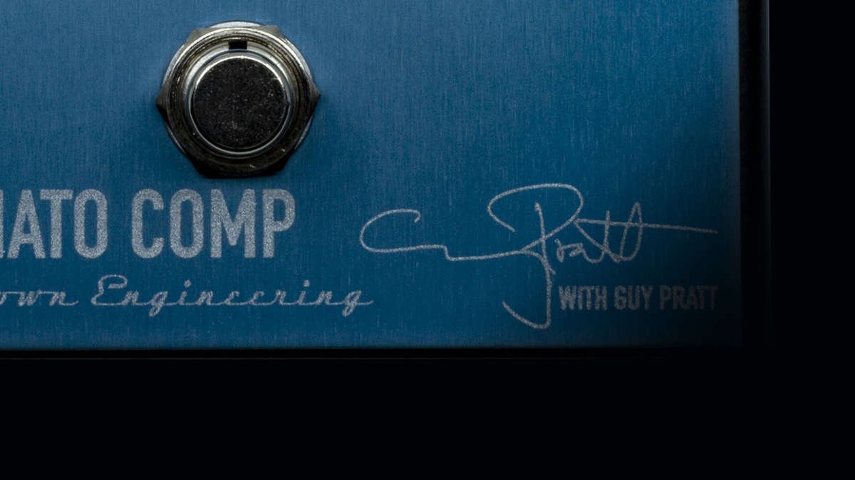 Close up of Guy Pratt's signature on the Ashdown Macchiato compressor pedal
