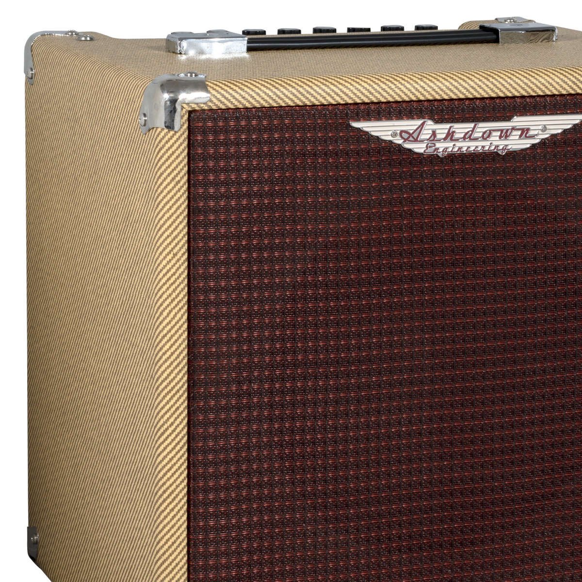 Ashdown Studio 10 Tweed Amp. Close up of cabinet with burgundy grill and leather handle