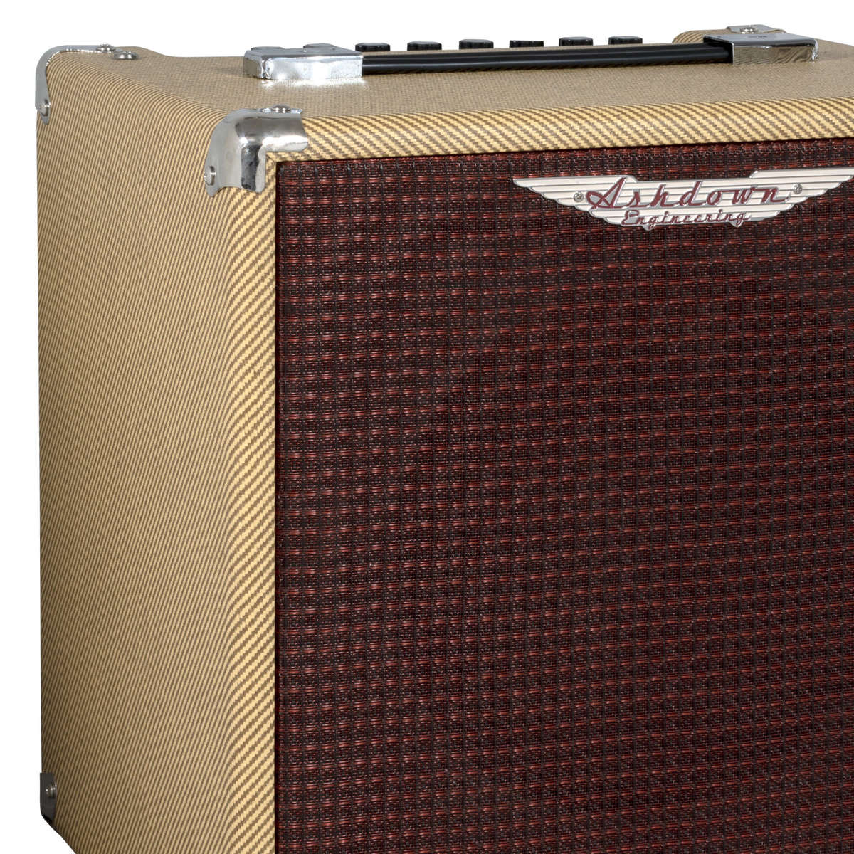 Ashdown Studio 10 Tweed Amp. Close up of cabinet with burgundy grill and leather handle