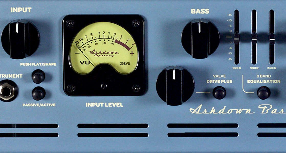 Ashdown ABM 1200 close up with VU meter, bass and input controls