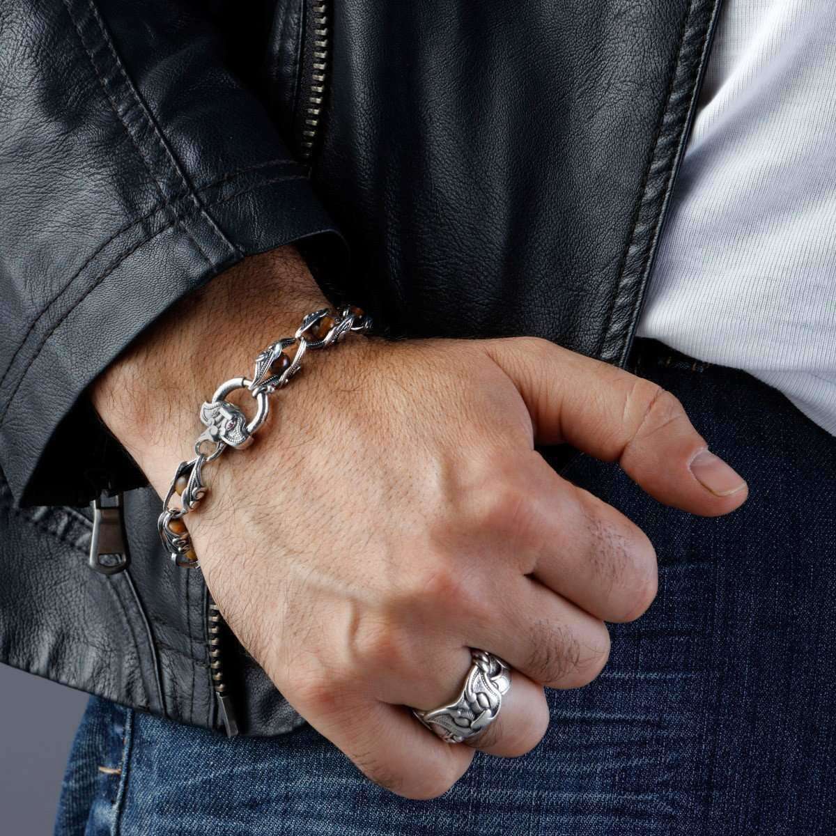 Dragon Sterling Silver Tigers Eye and Ruby Bracelet - Suciyan