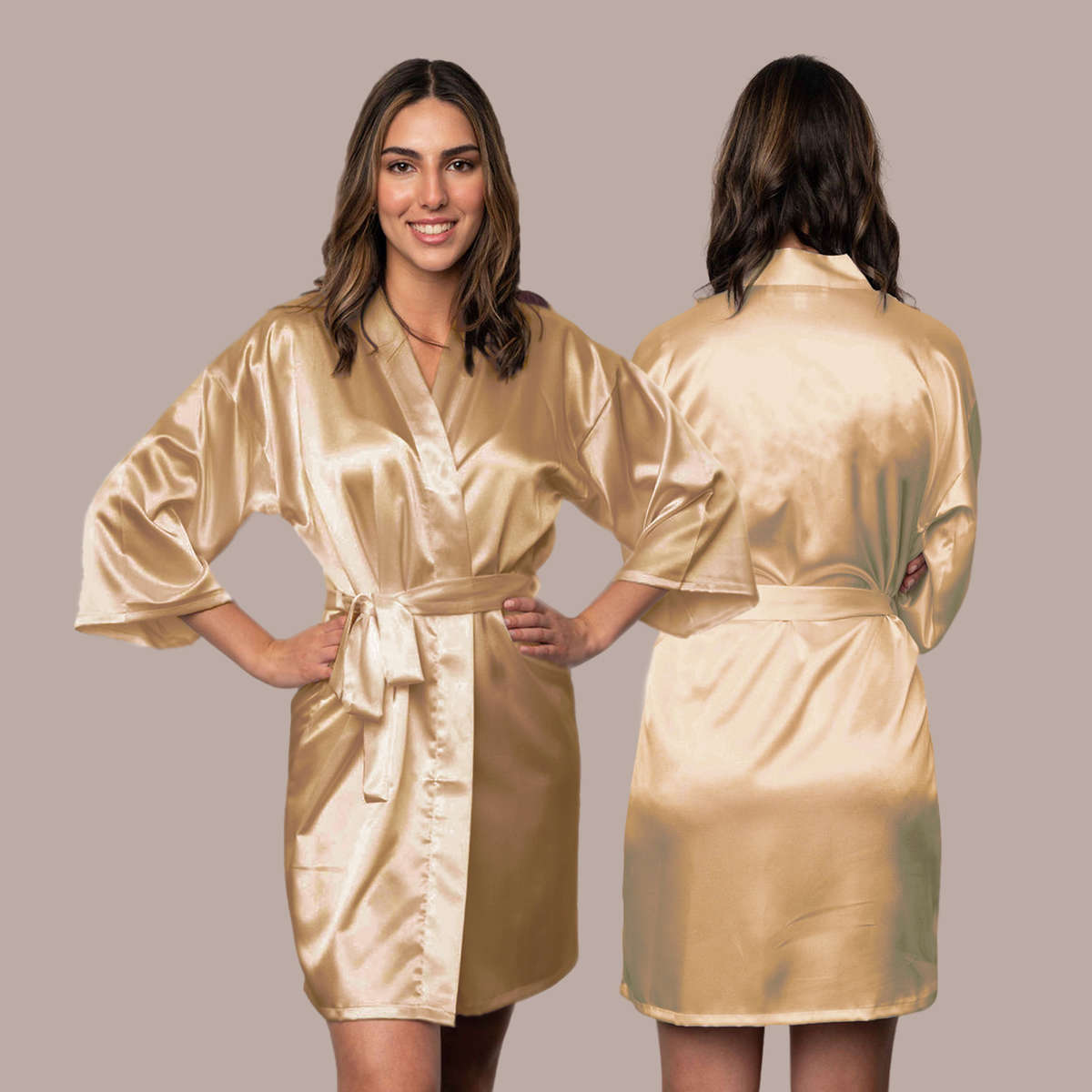 Beautiful satin champagne gold robe for women.  Add text to robe in front and back to personalized for a unique touch.